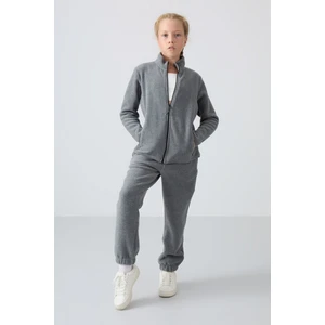 Tommy Life Gri Melanj Kalın Yumuşak Dokulu Standart Fit Nakışlı Polar Kız Çocuk Eşofman Alt - 75155