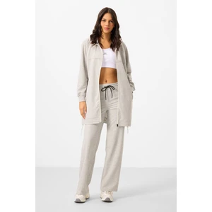 Gri Melanj Dik Yaka Fermuarlı Pamuklu Kadın Eşofman Tunik Takım - 95346