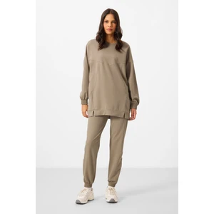 Koyu Bej O Yaka Basic Oversize Kadın Eşofman Tunik Takım - 95347