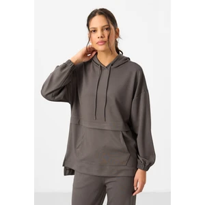Koyu Gri Yumuşak Dokulu Kapüşonlu Oversize Kadın Eşofman Tunik Takım - 95348