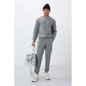 Tommy Life Gri Melanj Pamuklu Kalın İçi Tüylü Yumuşak Dokulu Comfort Fit Nakışlı Erkek Eşofman Takım -85265