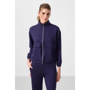 Tommy Life Koyu Mor Yumuşak Dokulu Dik Yaka Oversize Kargo Cepli Kadın Crop Top Sweatshirt - 97301