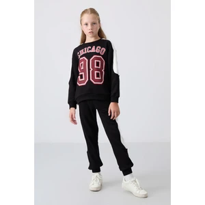 Tommy Life Siyah Pamuklu İçi Tüylü Yumuşak Dokulu Standart Fit Nakışlı Kız Çocuk Eşofman Takım - 75170