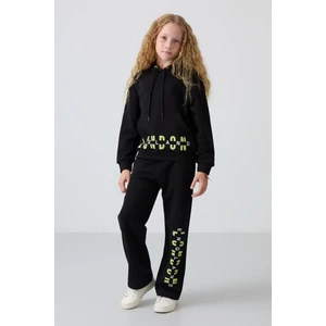 Tommy Life Siyah Pamuklu İçi Tüylü Yumuşak Dokulu Oversize Baskılı Kız Çocuk Eşofman Takım - 75147