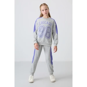 Tommy Life Gri Melanj Pamuklu İçi Tüylü Yumuşak Dokulu Standart Fit Baskılı Kız Çocuk Eşofman Takım - 75170