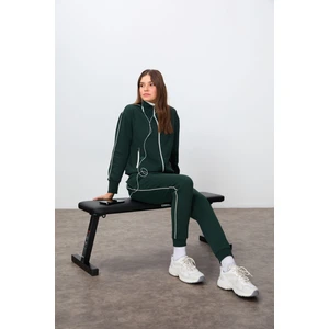 Tommy Life Çam Yeşili Kompakt Pamuklu Kalın Pürüzsüz Dokulu Dik Yaka Oversize Fit Kadın Eşofman Takım - 95340