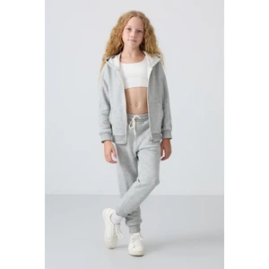 Tommy Life Gri Melanj Pamuklu İçi Tüylü Yumuşak Dokulu Standart Fit Nakışlı Kız Çocuk Eşofman Takım - 75148