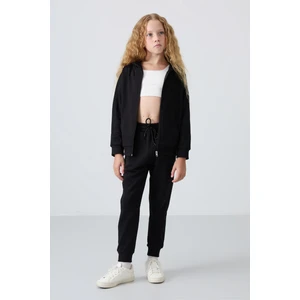 Tommy Life Siyah Pamuklu İçi Tüylü Yumuşak Dokulu Standart Fit Nakışlı Kız Çocuk Eşofman Takım - 75148