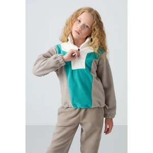 Tommy Life Koyu Bej Kalın Yumuşak Dokulu Oversize Nakışlı Polar Kız Çocuk Sweatshirt - 75153