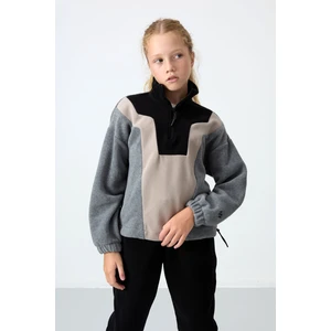 Tommy Life Gri Melanj Kalın Yumuşak Dokulu Oversize Nakışlı Polar Kız Çocuk Sweatshirt - 75153