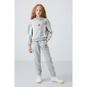 Tommy Life Gri Melanj Pamuklu İçi Tüylü Yumuşak Dokulu Standart Fit Baskılı Kız Çocuk Eşofman Takım - 75166
