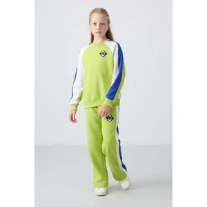 Lime Yeşil O Yaka Geniş Paça Standart Fit Baskılı Kız Çocuk Eşofman Takım - 75165
