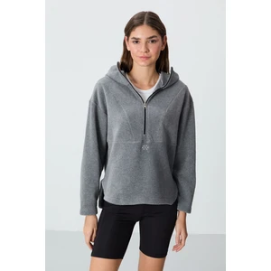 Tommy Life Gri Melanj Kalın Yumuşak Dokulu Kapüşonlu Oversize Nakışlı Polar Kadın Sweatshirt -97286