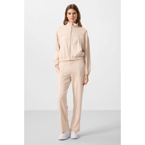 Tommy Life Bej Yumuşak Dokulu Dik Yaka Oversize Lastikli Kadın Eşofman Takım - 95349