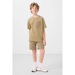 Koyu Bej-Camel Pamuklu Oversize Fit Dokuma Hafif Esnek Chino Erkek Çocuk Şort Takım - 11278