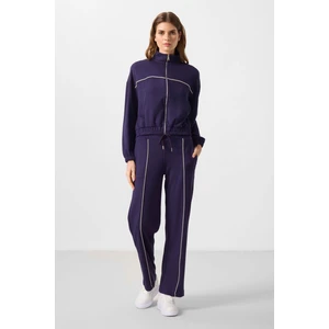 Tommy Life Koyu Mor Yumuşak Dokulu Dik Yaka Oversize Lastikli Kadın Eşofman Takım - 95349