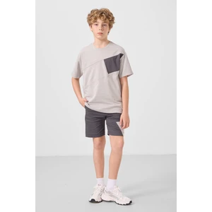Taş-Antrasit Pamuklu Oversize Fit Dokuma Hafif Esnek Chino Erkek Çocuk Şort Takım - 11275