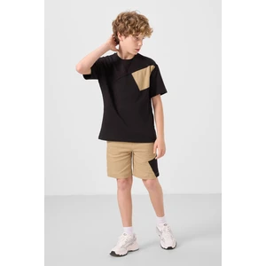 Siyah-Koyu Bej Pamuklu Oversize Fit Dokuma Hafif Esnek Chino Erkek Çocuk Şort Takım - 11275