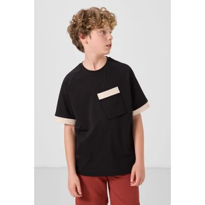 Siyah Pamuklu Yumuşak Dokulu Oversize Cep Detaylı Erkek Çocuk T-Shirt - 11295