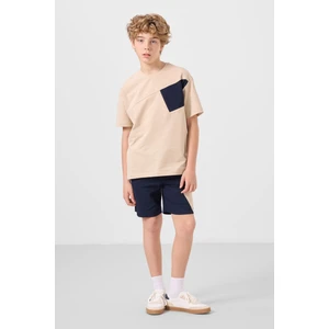 Bej-Lacivert Pamuklu Oversize Fit Dokuma Hafif Esnek Chino Erkek Çocuk Şort Takım - 11275