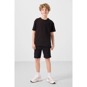 Siyah Pamuklu Oversize Fit Dokuma Hafif Esnek Chino Erkek Çocuk Şort Takım - 11275