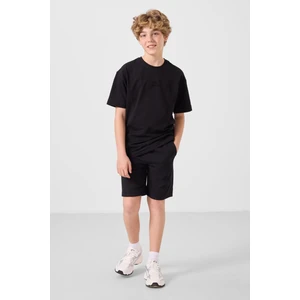 Siyah Pamuklu Oversize Fit Dokuma Hafif Esnek Chino Erkek Çocuk Şort Takım - 11276