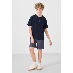 Lacivert-Kot Lacivert Pamuklu Oversize Fit Dokuma Hafif Esnek Chino Erkek Çocuk Şort Takım - 11276