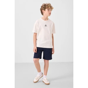 Ekru-Lacivert Pamuklu Oversize Fit Dokuma Hafif Esnek Chino Erkek Çocuk Şort Takım - 11276