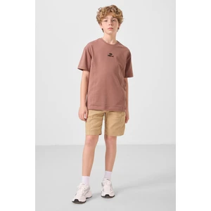 Tarçın-Koyu Bej Pamuklu Oversize Fit Dokuma Hafif Esnek Chino Erkek Çocuk Şort Takım - 11276