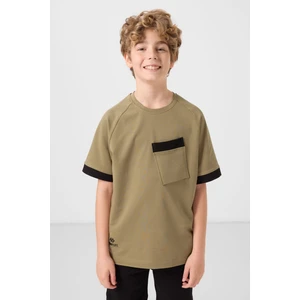 Koyu Bej Pamuklu Yumuşak Dokulu Oversize Cep Detaylı Erkek Çocuk T-Shirt - 11295