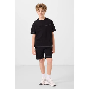 Siyah Pamuklu Oversize Fit Dokuma Hafif Esnek Chino Erkek Çocuk Şort Takım - 11279