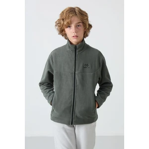 Haki Kalın Yumuşak Dokulu Standart Fit Nakışlı Polar Erkek Çocuk Sweatshirt - 11223