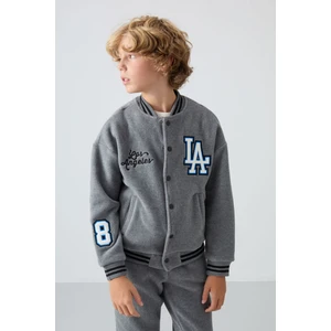 Tommy Life Gri Melanj Kalın Yumuşak Dokulu Standart Fit Nakışlı Polar Erkek Çocuk Kolej Ceket - 11227