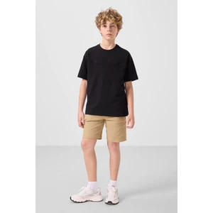 Siyah-Koyu Bej Pamuklu Oversize Fit Dokuma Hafif Esnek Chino Erkek Çocuk Şort Takım - 11279