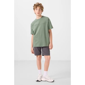 Açık Yeşil-Antrasit Pamuklu Oversize Fit Dokuma Hafif Esnek Chino Erkek Çocuk Şort Takım - 11279