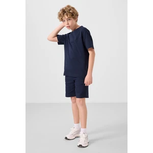 Lacivert Pamuklu Oversize Fit Dokuma Hafif Esnek Chino Erkek Çocuk Şort Takım - 11279