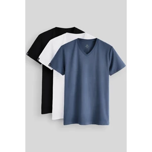 Standart Fit Basic V Yaka  3lü Paket Siyah-Beyaz-Petrol Erkek T-Shirt  87912