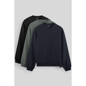 Standart Fit Basic O Yaka 3'lü Paket Siyah-Lacivert-Çağla Erkek Sweatshirt 88053
