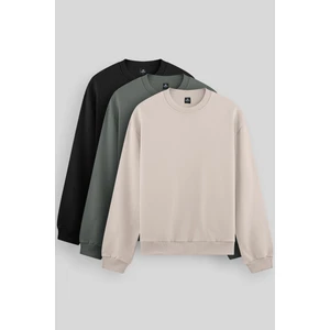 Standart Fit Basic O Yaka 3'lü Paket Siyah-Bej-Çağla Erkek Sweatshirt 88053