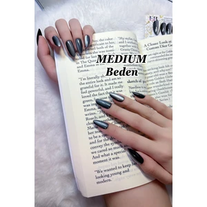 Medıum Beden Siyah Kedi Gözü Tırnak Orta Badem 10 Adet Takma Tırnak Seti Kutulu T139