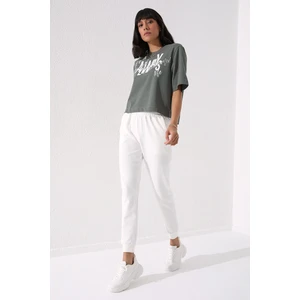 Tommy Life Ekru Yüksek Bel Jogger Rahat Form Manşetli Kadın Eşofman Alt - 94561