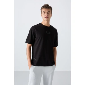 Tommy Life Siyah Pamuklu Kalın Yumuşak Dokulu Oversize Fit Baskılı Erkek T-Shirt - 88342