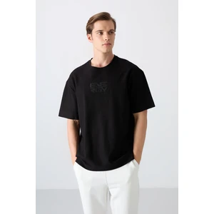 Tommy Life Tommy Life  Siyah Pamuklu Kalın Yüzeyi Dokulu Oversize Fit Baskılı Erkek T-Shirt - 88336