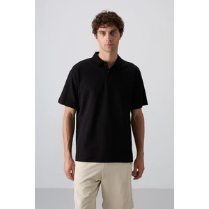 Tommy Life Tommy Life  Siyah Pamuklu Kalın Yumuşak Dokulu Oversize Fit Basic Polo Yaka Erkek T-Shirt - 88327