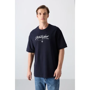 Tommy Life Lacivert Pamuklu Kalın Yumuşak Dokulu Oversize Fit Baskılı Erkek T-Shirt - 88320