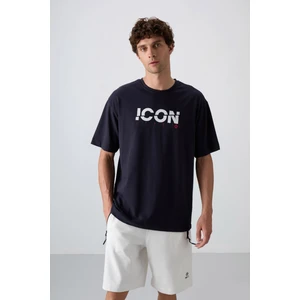 Tommy Life Lacivert Pamuklu Kalın Yumuşak Dokulu Oversize Fit Baskılı Erkek T-Shirt - 88331