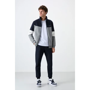 Tommy Life Gri Melanj - Lacivert Dik Yaka Renk Geçişli İçi Polarlı Erkek Eşofman Takımı - 85186
