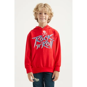 Tommy Life Kırmızı Yazı Baskılı Kanguru Cepli Kapüşonlu Standart Kalıp Erkek Çocuk Sweatshirt - 11002