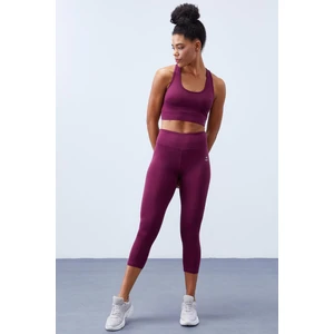 Tommy Life Bordo Kadın Yüksek Bel Toparlayıcılı Çapraz Sırt Detaylı Spor Büstiyer-Kapri Tayt Takım - 95283