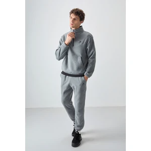 Tommy Life Gri Melanj Erkek Yarım Fermuar Dik Yaka Lastik Paça Polar Eşofman Takımı - 85159